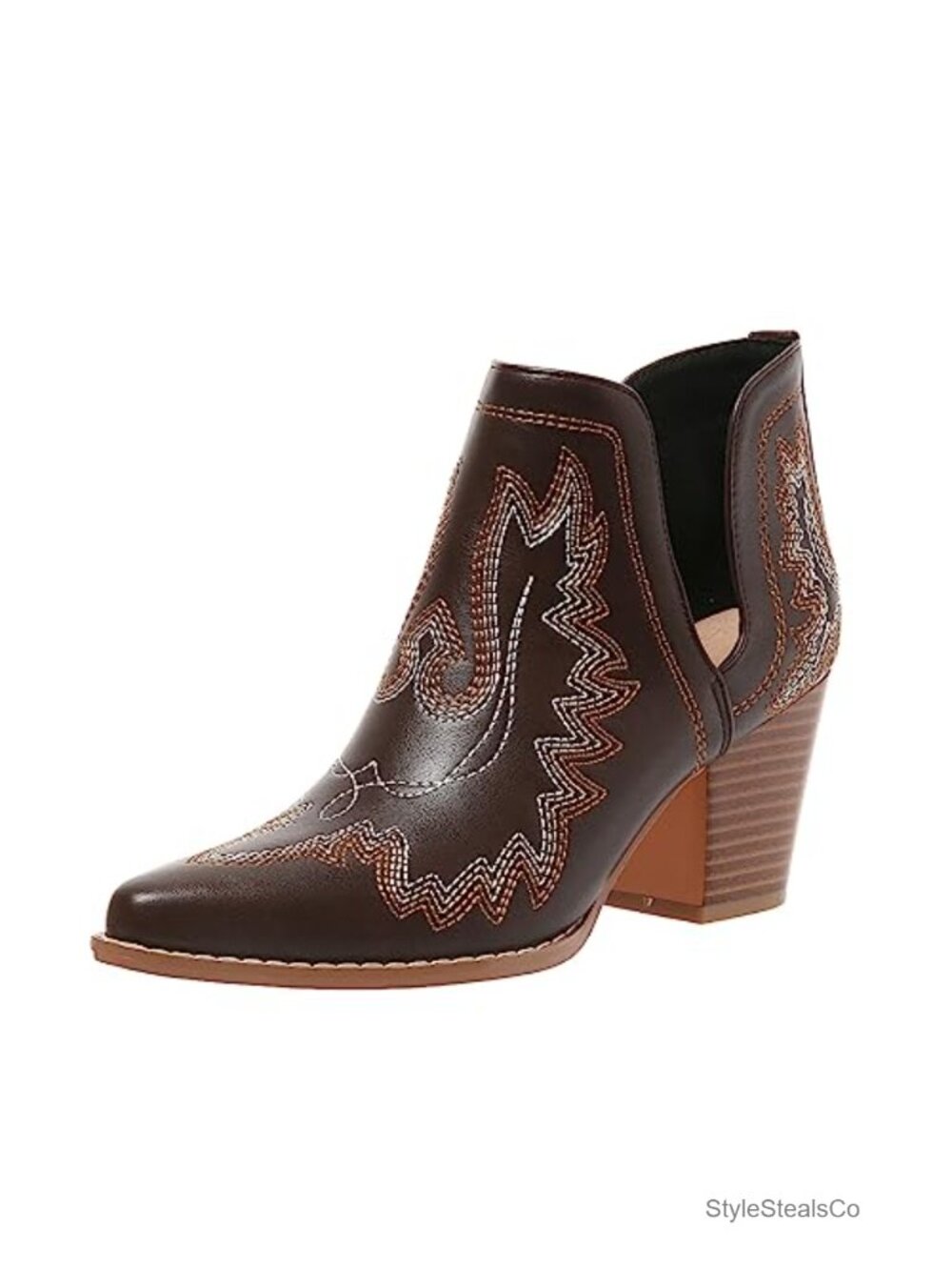 Women's Western Cowboy Ankle Boots Pointed Toe Block Heel Leather
